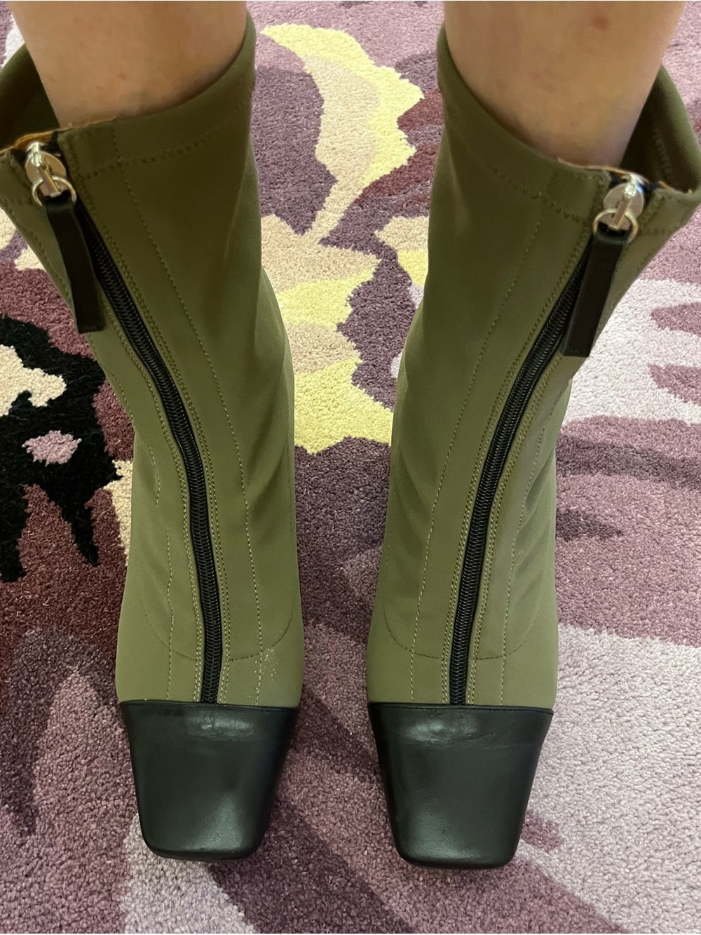 Olive Green Front-Zip Heeled Ankle Boots with Black Toe